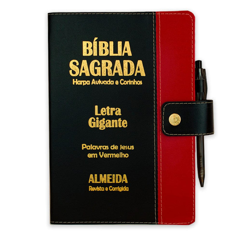 Bíblia Sagrada Letra Gigante Botão Preta c/ Vermelho - DeusJoy.com