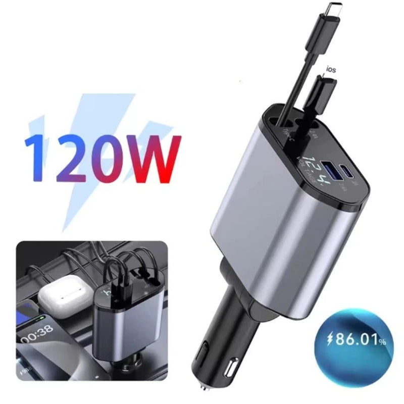 Carregador Turbo 4 em 1 Automotivo com Cabos Retráteis e Porta USB - DeusJoy.com