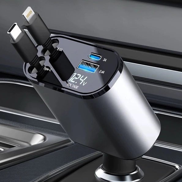 Carregador Turbo 4 em 1 Automotivo com Cabos Retráteis e Porta USB - DeusJoy.com