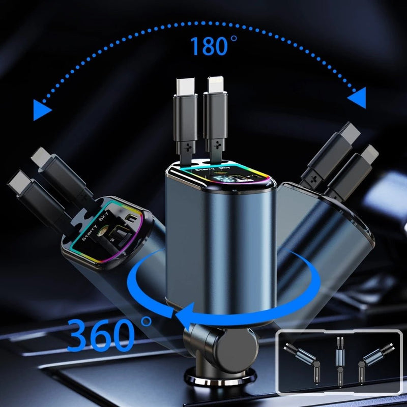 Carregador Turbo 4 em 1 Automotivo com Cabos Retráteis e Porta USB - DeusJoy.com